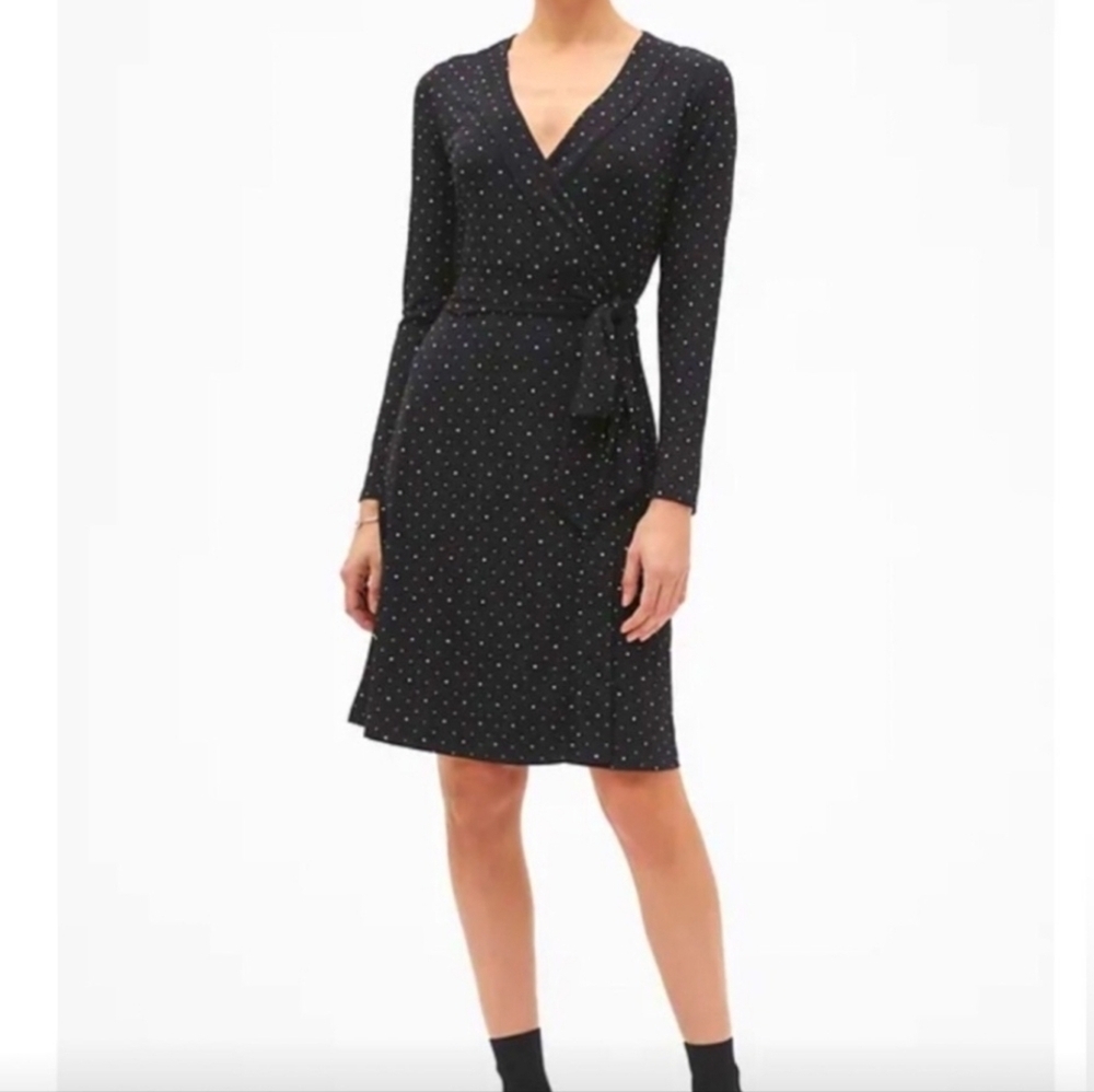 Banana Republic Factory Black & White Polka Dot Long Sleeve True Wrap Dress
